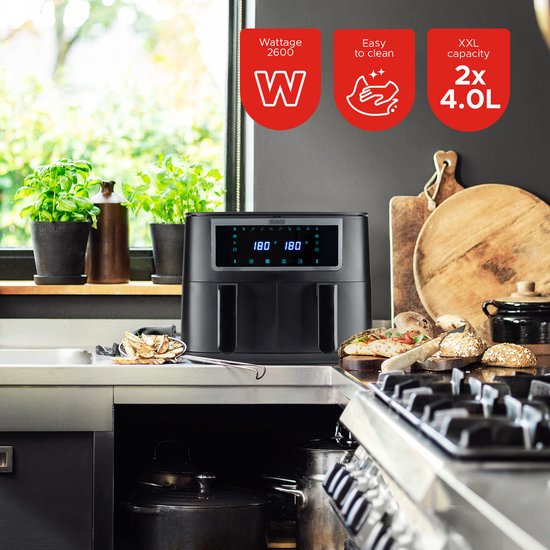 Bourgini Duo Hot Air fryer 2 x 4.0L - Airfryer XXL - 2 tiroirs avec fonction de synchronisation - Ecran tactile - 8L - 2600W - Noir