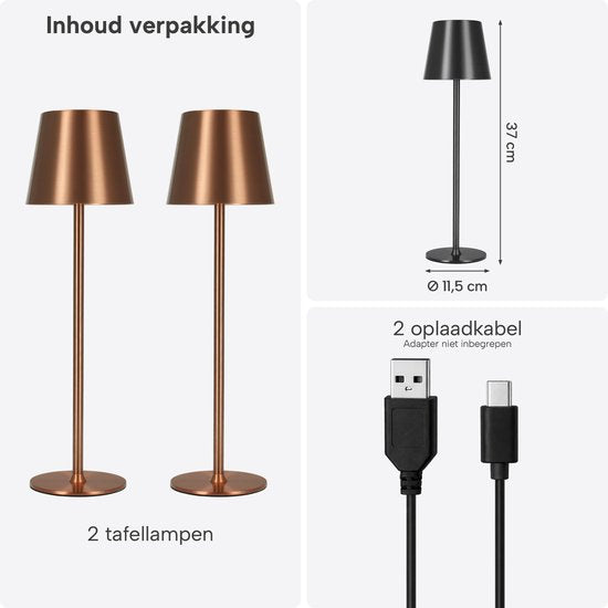 Lampe de table sans fil - Sans fil et rechargeable via USB-C – 3 couleurs de lumière LED – Intérieur et extérieur – Lot de 2 pièces - Anthracite - BREND BR-2247
