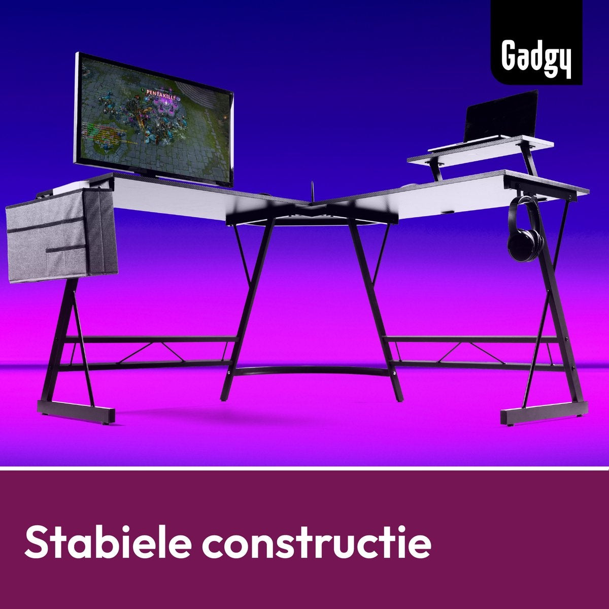 Gadgy Game Desk Carbon PRO - Gaming Corner Desk 130 CM Wide - Gaming Desk with Carbon Details - Gaming Desk L-Shape with Headphone Holder, Screen Raise & Storage Basket - Level Up with Gadgy - Black Carbon