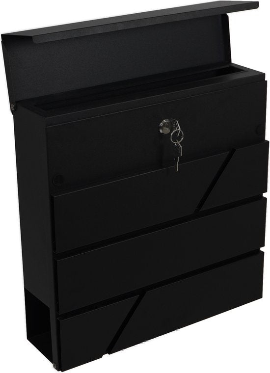 BRASQ Letterbox Hanging Black Deluxe - Boîte aux lettres murale avec serrure et compartiment à journaux - avec matériel de montage et 2 clés - Boîte aux lettres - boîte postale - boîte à lettres - acier inoxydable