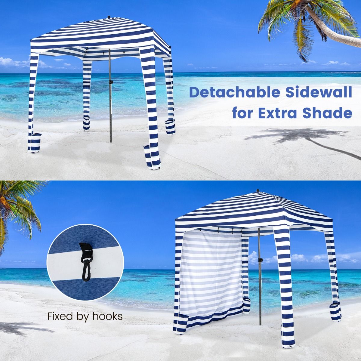 Tente de plage pliable Coast - Avec sac de transport - Paroi latérale amovible - 183 x 183 x 215-240 cm - Bleu avec blanc