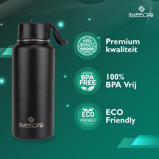 Supplife Luxe : bouteille isotherme / gourde en acier inoxydable - 1 litre - Sans BPA et étanche - Bouteille d'eau avec paille - Isolation à double paroi - Tasse isotherme - Bouchon verseur et bouchon avec paille - Brosse de nettoyage incluse - Noir