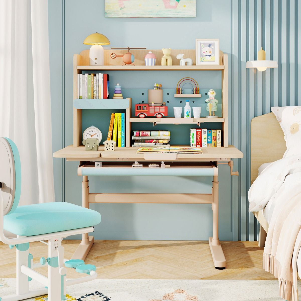 table enfant coast - hauteur réglable 52-74 cm - bureau inclinable 0°-60° - tiroir et casier - bleu - 100 x 60 x 111-135 cm