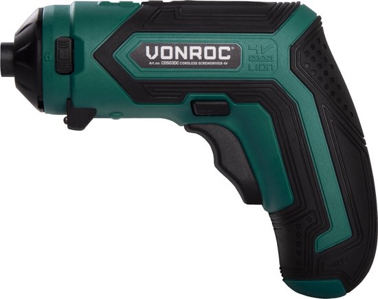 VONROC Tournevis sans fil - 4V - Avec porte-embout, embout excentrique et d'angle, jeu d'embouts et chargeur