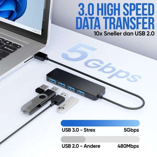 Strex USB 3.0 Hub - Répartiteur USB - 4 ports - 5Gbps - Câble 35CM - Adaptateur USB C inclus