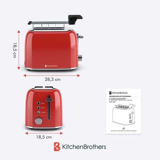 Grille pain - KitchenBrothers - Toaster - 6 niveaux de chaleur - Fentes larges - 870W - Rouge