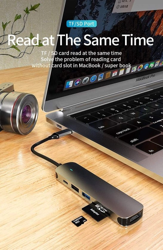 Fuegobird 6 in 1 USB-C HUB - USB3.0 + SD/TF + HDMI + USB-C - Voyant lumineux