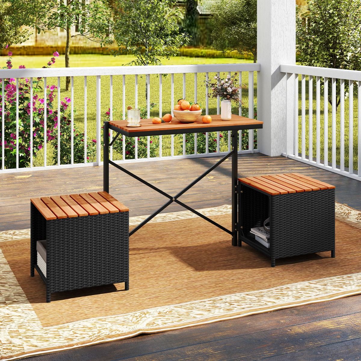 Coast : banc de jardin et table de pique-nique 2-en-1 - meuble de balcon modulable - avec espace de rangement - noir/naturel