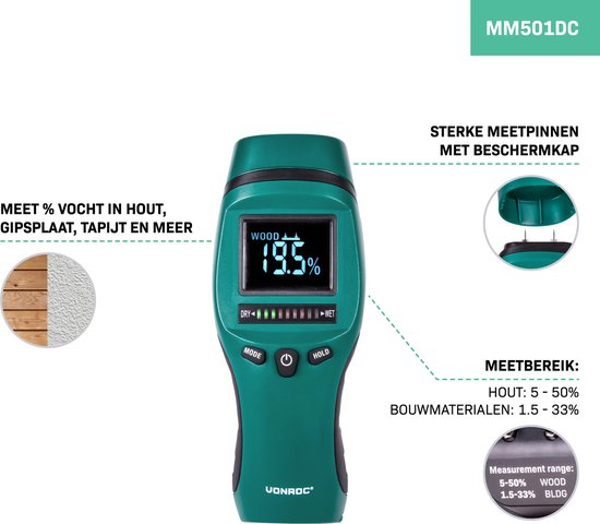 VONROC PRO Humidimètre - Usage professionnel - Précis - LCD rétro-éclairé à fort contraste
