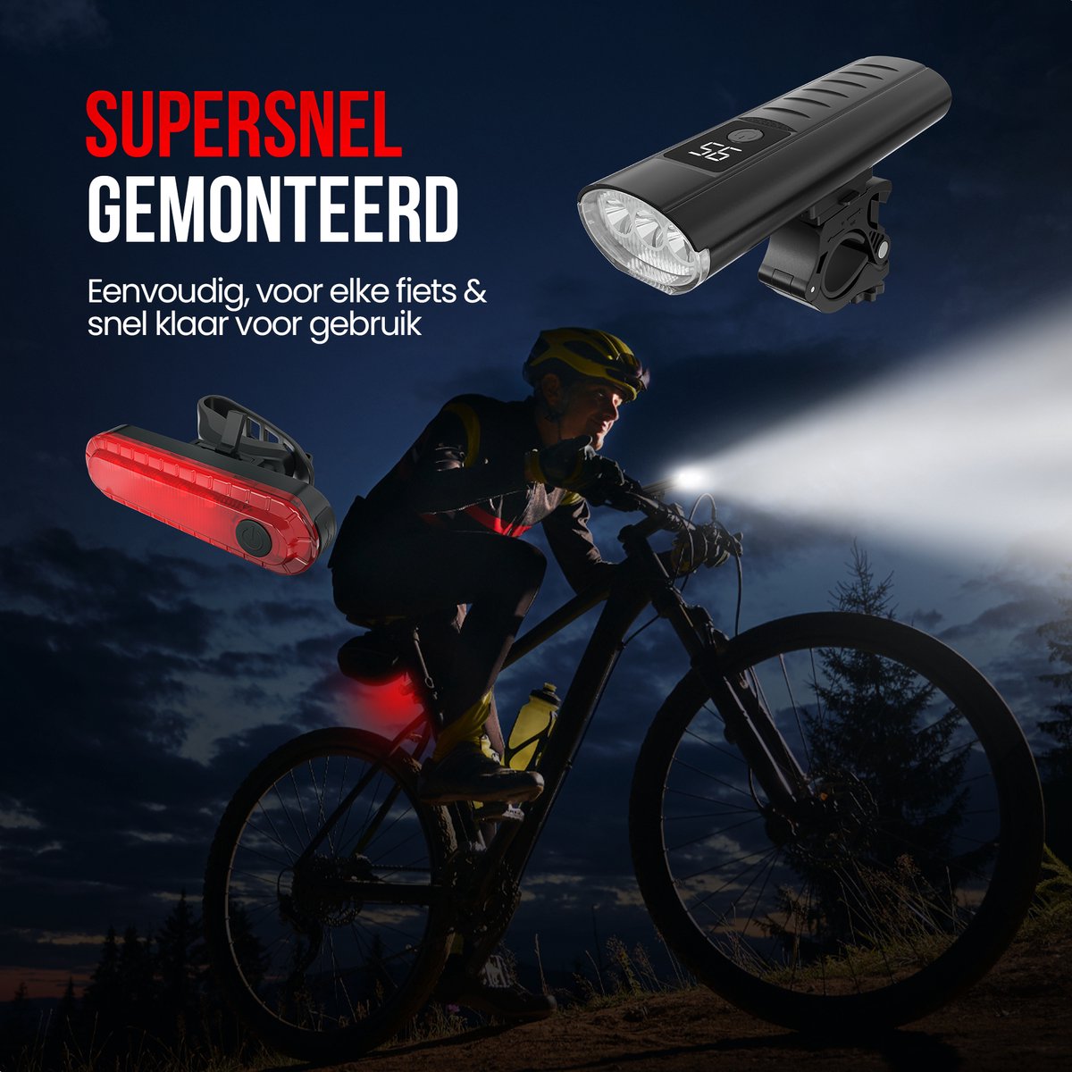 Strex Bicycle Light Set - LED 1600 Lumen Front and Rear Light - USB Rechargeable - Waterproof - Includes Powerbank function