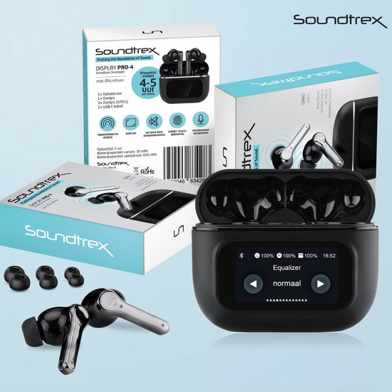 Écouteurs sans fil Soundtrex Display - Écouteurs Bluetooth - Écouteurs sans fil - Suppression active du bruit - Écran LED - Bluetooth 5.3 - Noir