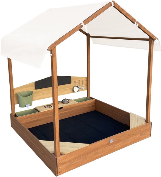 AXI Meli Bac à sable et maisonnette 120 x 120 cm avec cuisine jouet – Marron – Avec toit – Bois FSC – Avec tableau noir, réservoir d'eau et set de cuisine jouet 6 pièces – Avec 2 bancs - Toile de protection incluse – Garantie de 10 ans