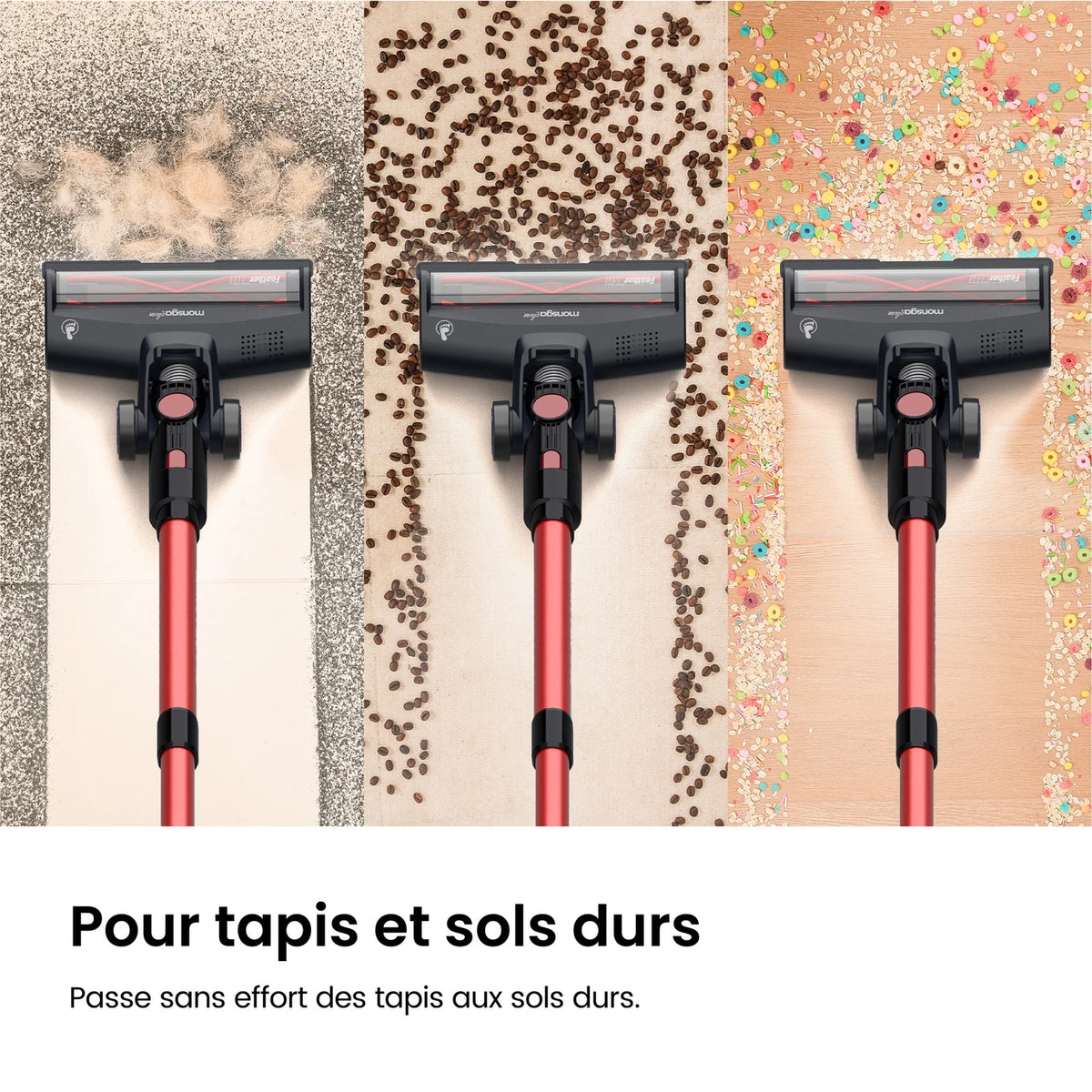 Aspirateur sans fil MonsgaClean M100 - Rouge - 55 000 Pa - 45 min - 1,8 L - Écran tactile - Anti-enchevêtrement - LED verte