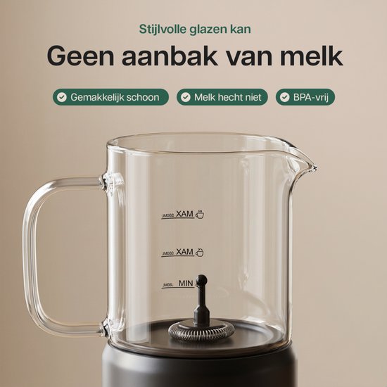 Mousseur à lait en verre Kitchify - Mousseur à lait électrique - Avec bec verseur - 4 en 1 - Milk Frother - Noir
