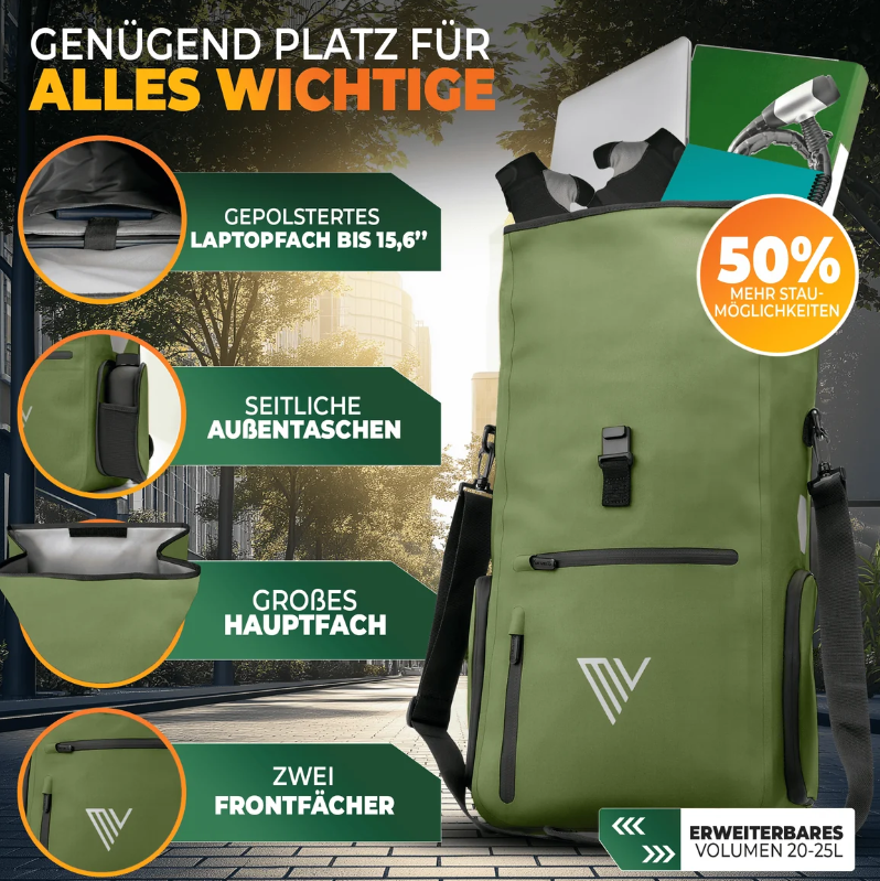 Sac à dos pour vélo MiVelo EVO - 25 L - 100 % imperméable - 3 en 1 - Compartiment pour ordinateur portable - 60 x 30 x 15 cm