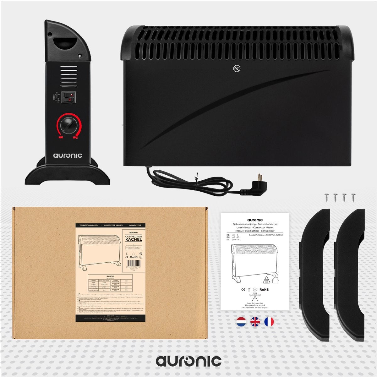Radiateur Convecteur Électrique Réglable - Auronic - 750/1250/2000 Watts - 3 Niveaux de Chaleur - Thermostat Réglable - 53,5 x 19,6 x 38,5 cm - Noir