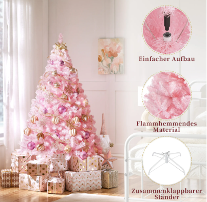 Sapin de Noël artificiel Yaheetech 154 cm - Rose - 398 branches - Pied pliable