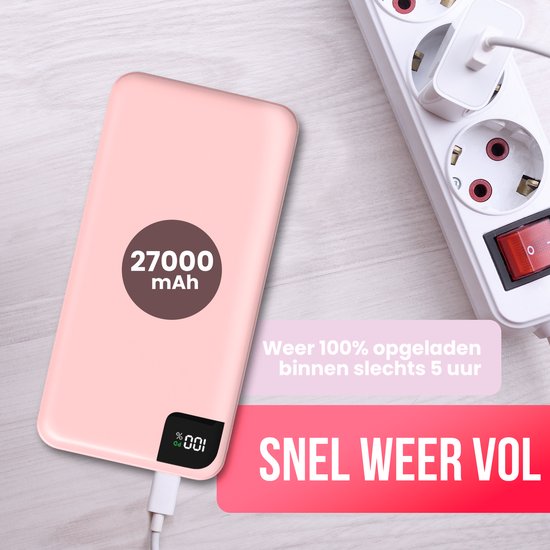Strex Powerbank Pink - 27 000 mAh - Charge rapide 22,5 W - USB-A/USB-C - Indication LED - Powerbank universel adapté à iOS/Android, entre autres