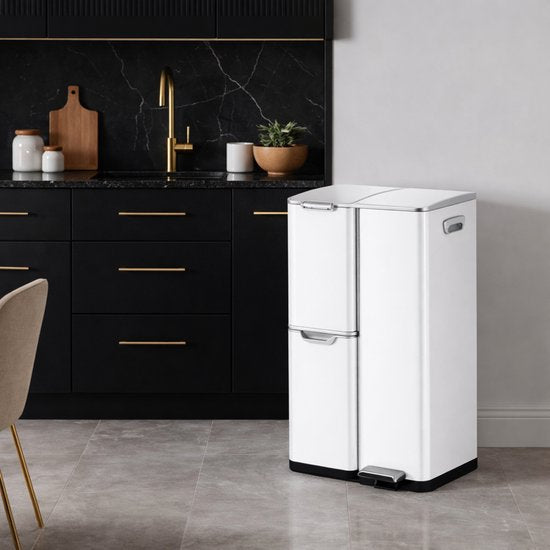 Bayt Poubelle - Poubelle 60 litres - Poubelle 60 litres - Poubelle à pédale 60 litres - Poubelle tri sélectif - Poubelle 3 compartiments - Poubelle - inox - Blanc