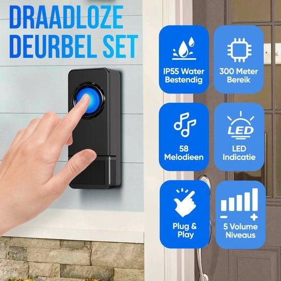 Sonnette de porte sans fil Strex avec 2 récepteurs - Plug & Play - 300 mètres - 4 volumes / 58 mélodies - IP55 Waterproof