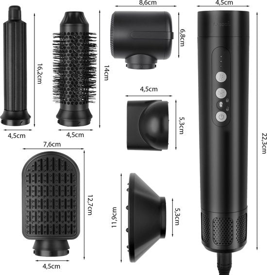 Saaf Brosse à cheveux 7 en 1 - Ensemble de 8 pièces - Sèche-cheveux - Brosse à coiffer et à boucler - Hairwrap - Airstyler - Multistyler - Noir