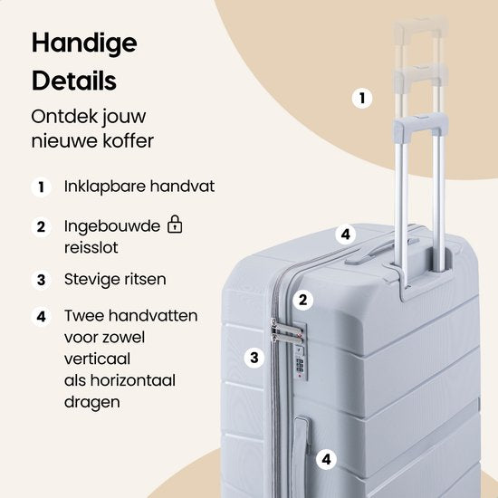 SKYCASES Urban Adventurer - Valise de voyage moyenne - Verrouillage par numéro - 44x27x66cm - 78L - Valise de voyage avec verrouillage de valise - Roues pivotantes - Gris clair