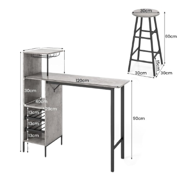 Table de bar industrielle pour 2 personnes avec porte-verres et porte-bouteilles - Idéal pour la cuisine, la salle à manger ou le salon