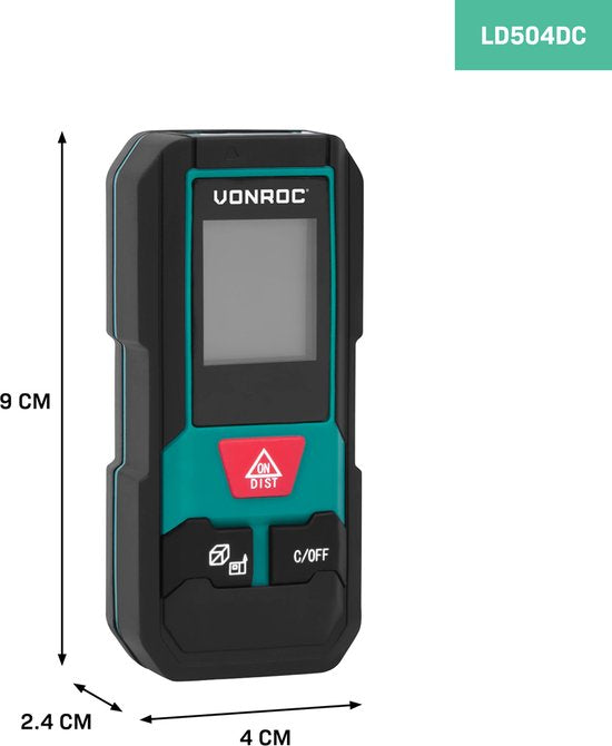 Distancemètre laser VONROC - portée de 20 mètres - format très compact - mesure la distance, la surface, le volume, Pythagore - référence de mesure réglable - piles incluses