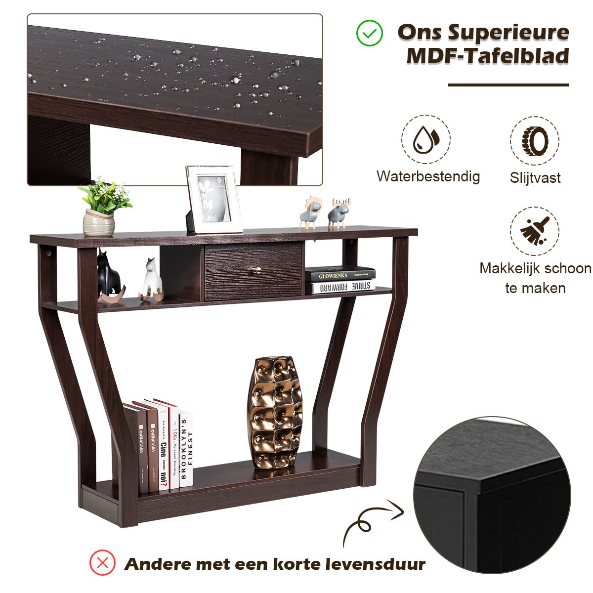 Table console Coast - 3 niveaux - Avec tiroir - MDF - 120 x 30 x 81 cm - Brun