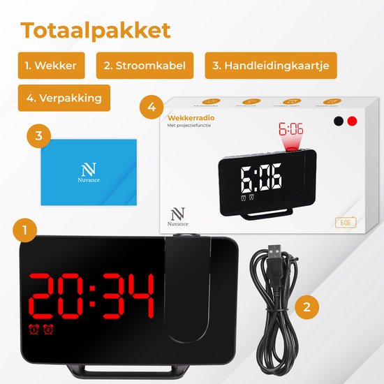 Radio-réveil Nuvance - Réveil numérique avec projection - Radio-réveil - 2 alarmes - Réveils numériques - Radio-réveil sur secteur