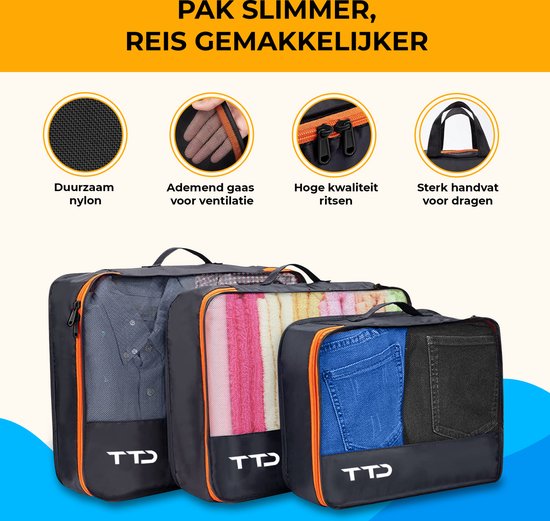 TTD® Premium Packing Blocks Compression Set of 8 Pieces - Packing Blocks Backpack - Up to 105L Capacity - Strong Nylon - Suitcase Organiser Set - Luggage Organiser - Backpack Organiser - Compression Block - Toiletry Bag - Black & Orange
