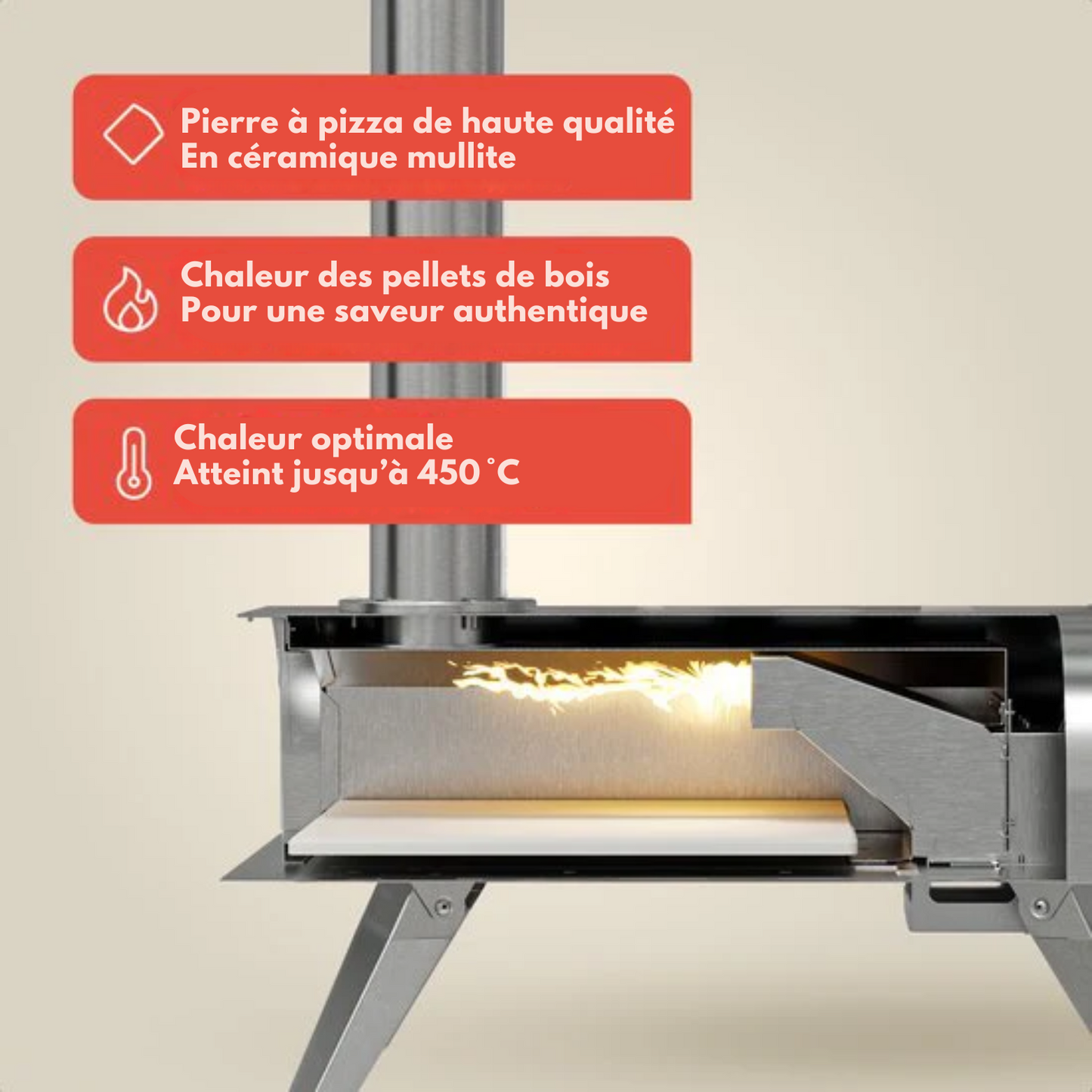 Four à Pizza - KitchenBrothers - Au feu de bois - Pierre à pizza - jusqu'à 460°C - Acier inoxydable - Four à pizza d'extérieur