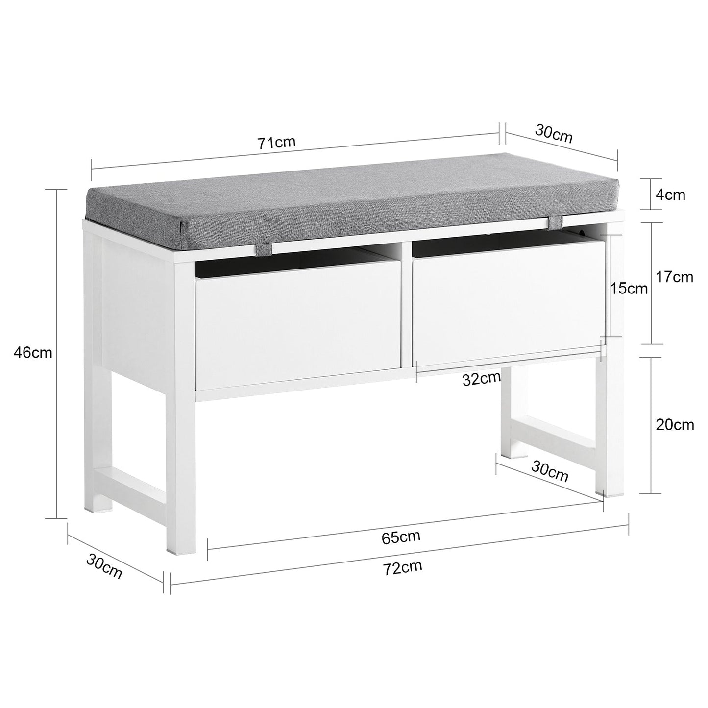 SoBuy Banc de rangement avec assise rembourrée - 2 tiroirs - Max. 150 kg - 72 x 30 x 46 cm - Blanc/ Gris