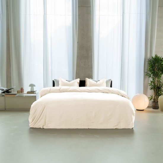 Housse de couette Kayori Emma en satin de coton - 140 x 200-220 + 1 taie d'oreiller - Lit simple - Blanc cassé