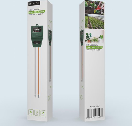 TIKKENS® Humidimètre de sol Plantes - Humidimètre pour plantes - pH et photomètre - 3 en 1 - Fleurs/Plantes - Analyses de sol de jardin - Humidimètres