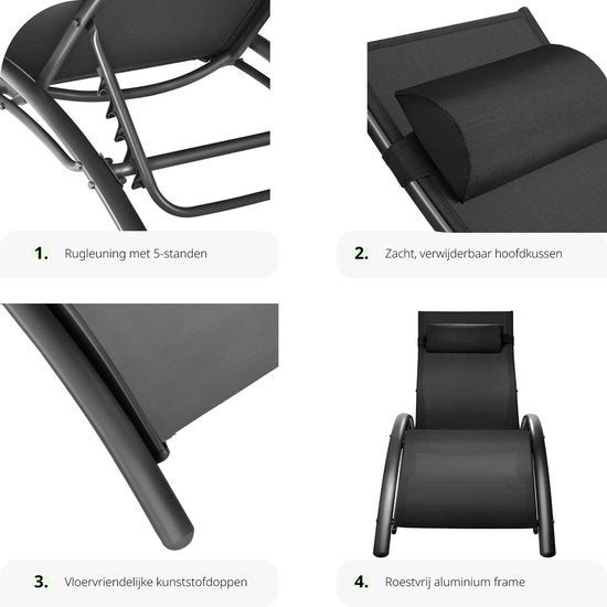 Tectake® Jeu de 2 chaises longues en aluminium - Chaises de jardin résistantes aux intempéries - Dossier réglable - Coussin de tête inclus