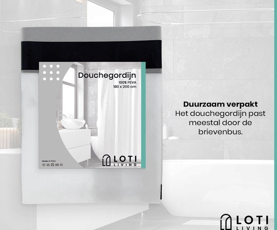 Loti Living Rideau de douche anti-moisissure - Noir transparent mat - Anneaux inclus - Imperméable - PEVA - Rideau de douche 180x200 cm
