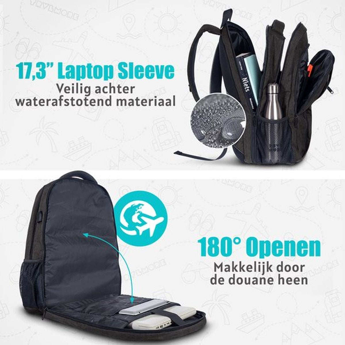 TRVLMORE Sac à dos - 36L - 17.3 inch - Sac à dos pour ordinateur portable - Sac d'école - Unisex - Splashproof Anthracite