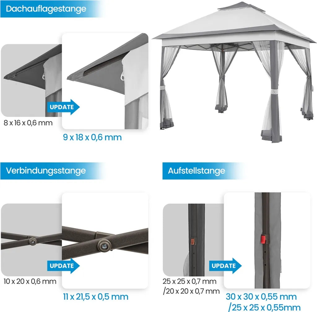 Tente de fête pliable Yaheetech 330 x 330 cm - Gris clair/Gris foncé - Pavillon de jardin pliable avec double toit et 4 parois latérales en filet