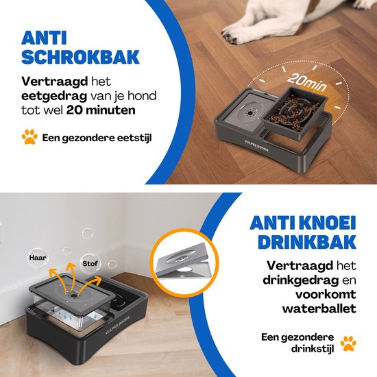 Vulpes Goods® Pets - Bol à nourriture pour chien avec support - Bol à boire pour chien anti-éclaboussures - Bol anti-mâchouillement pour chien - Bol à nourriture surélevé - 4 hauteurs - Mangeur lent - Double - Noir
