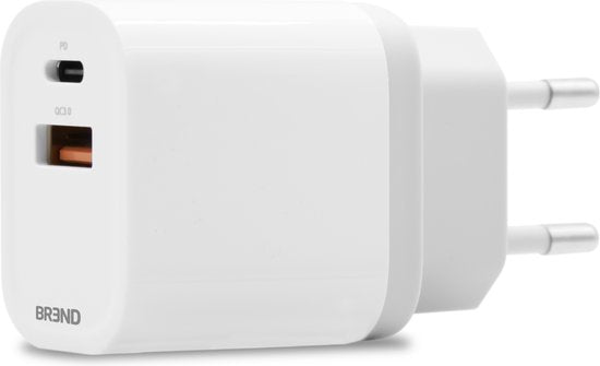 BREND BR-2212 Chargeur rapide avec 2 ports - Chargeur de courant - Adaptateur de charge rapide avec connexion USB et USB-C - Convient pour iPhone et Android - Blanc