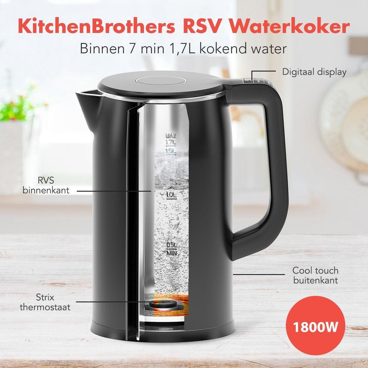 Bouilloire électrique 1.7L - KitchenBrothers - Avec contrôle de la température - 1800W - acier inoxydable - Noir