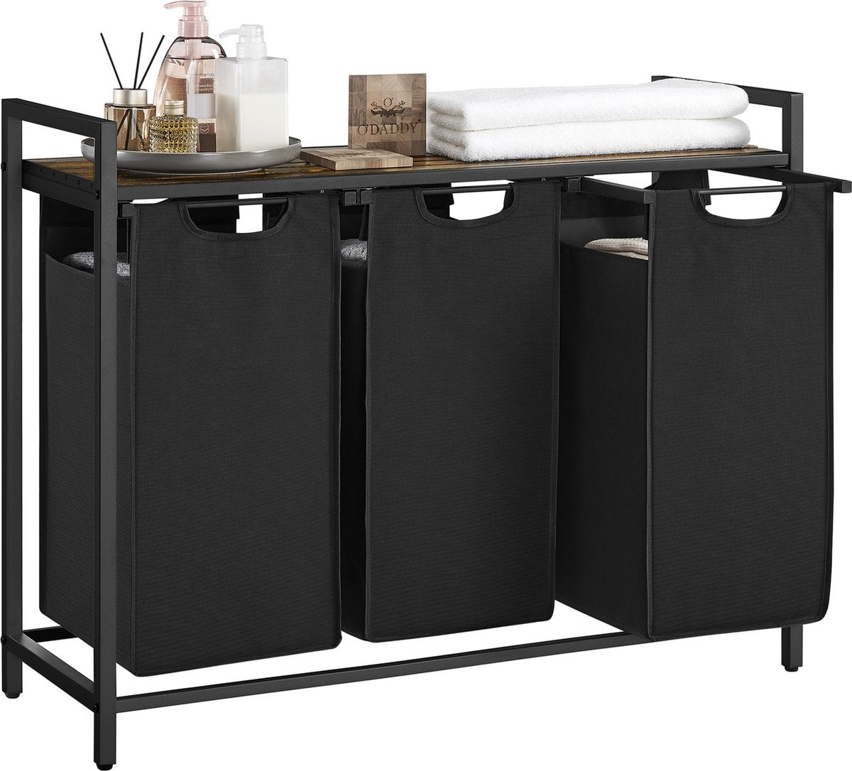 O'DADDY® Panier à linge 3 compartiments - trieur de linge - extensible avec étagère - 92.5 x 33 x 71 cm - panier à linge - 168 L divisé en 3 poches - paniers à linge - panier à linge métal noir - bois brun