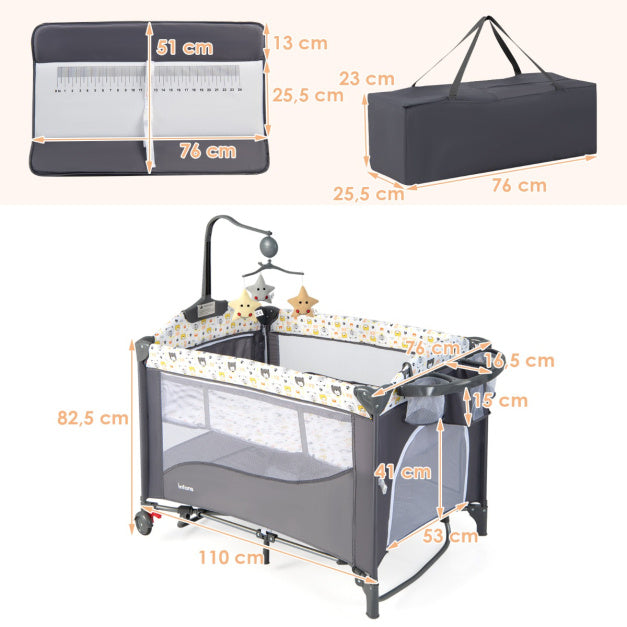 Coast Lit bébé avec matelas et mobile musical - 110 x 76 x 82,5 cm - Gris