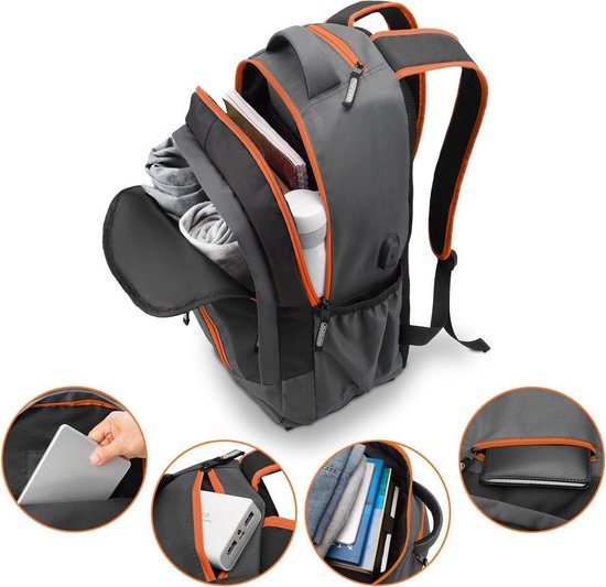 Sac à dos pour ordinateur portable - 34L avec port USB et compartiment pour ordinateur portable 15,6" - Gris / Orange