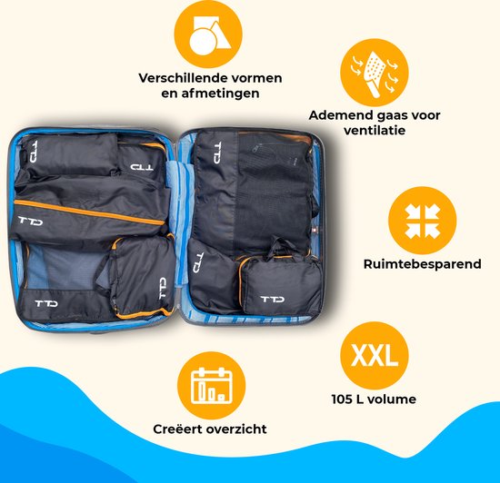 TTD® Premium Packing Blocks Compression Set of 8 Pieces - Packing Blocks Backpack - Up to 105L Capacity - Strong Nylon - Suitcase Organiser Set - Luggage Organiser - Backpack Organiser - Compression Block - Toiletry Bag - Black & Orange