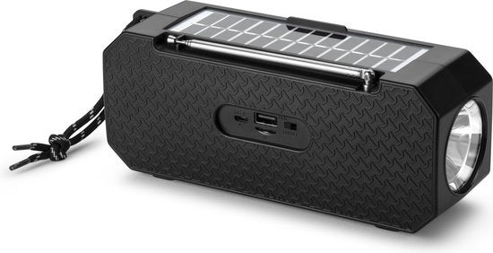 Denver Radio d'urgence - Haut-parleur Bluetooth - Banque d'énergie solaire - 80W - Radio FM - Lampe de poche - USB - BTG158 - Noir