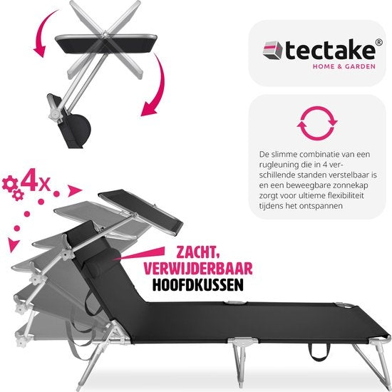 Tectake - Bain de soleil - Structure en acier avec toit coulissant - robuste, dossier réglable en 4 positions avec coussin - Idéal pour jardin, piscine, camping - Noir