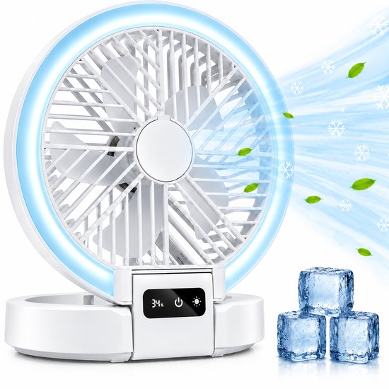 Ventilateur de table rechargeable Lifetime Air - Mini ventilateur USB 1 200 mAh - 5 vitesses et écran LED - 21 x 20,5 x 23 cm - Blanc