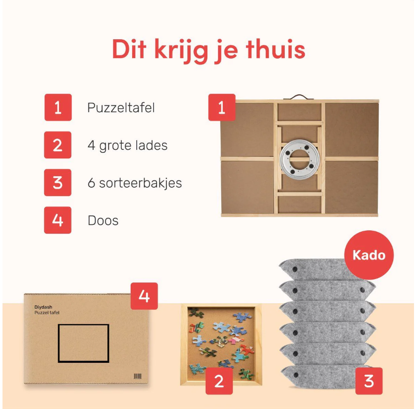 DIYDash Table de puzzle pivotante avec système de rangement - 1500 pièces - 4 tiroirs - tapis - planche - plateau - étagère - Deluxe - tapis roulant - tissu - pour puzzles - 1000